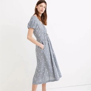 Madewell Faux Wrap Embroidered Gingham Check in preppy Navy Midi Dress Tie Waist